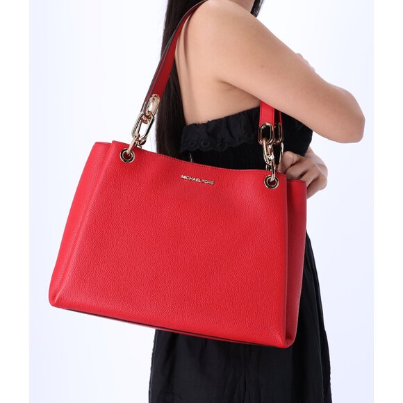 Michael Kors Trisha Large Triple Gusset Compartment Shoulder Tote Bright Red - Picture 2 of 10
